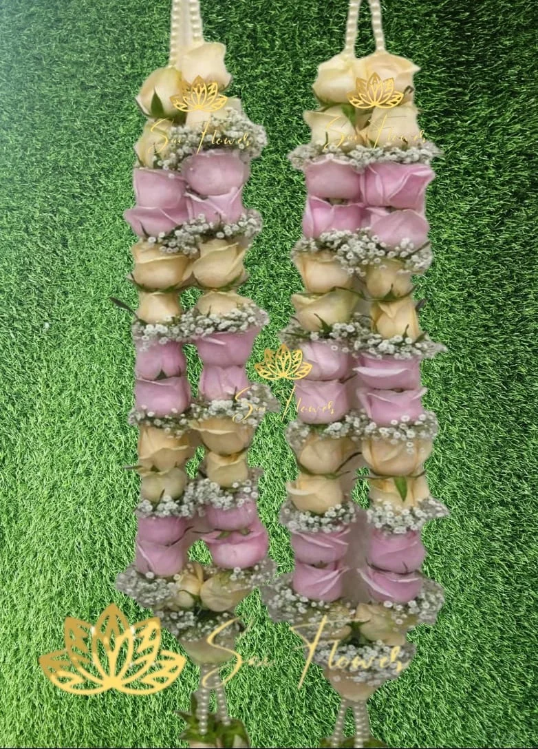 Pastel Pink & Peach Rose with Baby\'s Breath Wedding Varmala | Dual Tone Jaimala