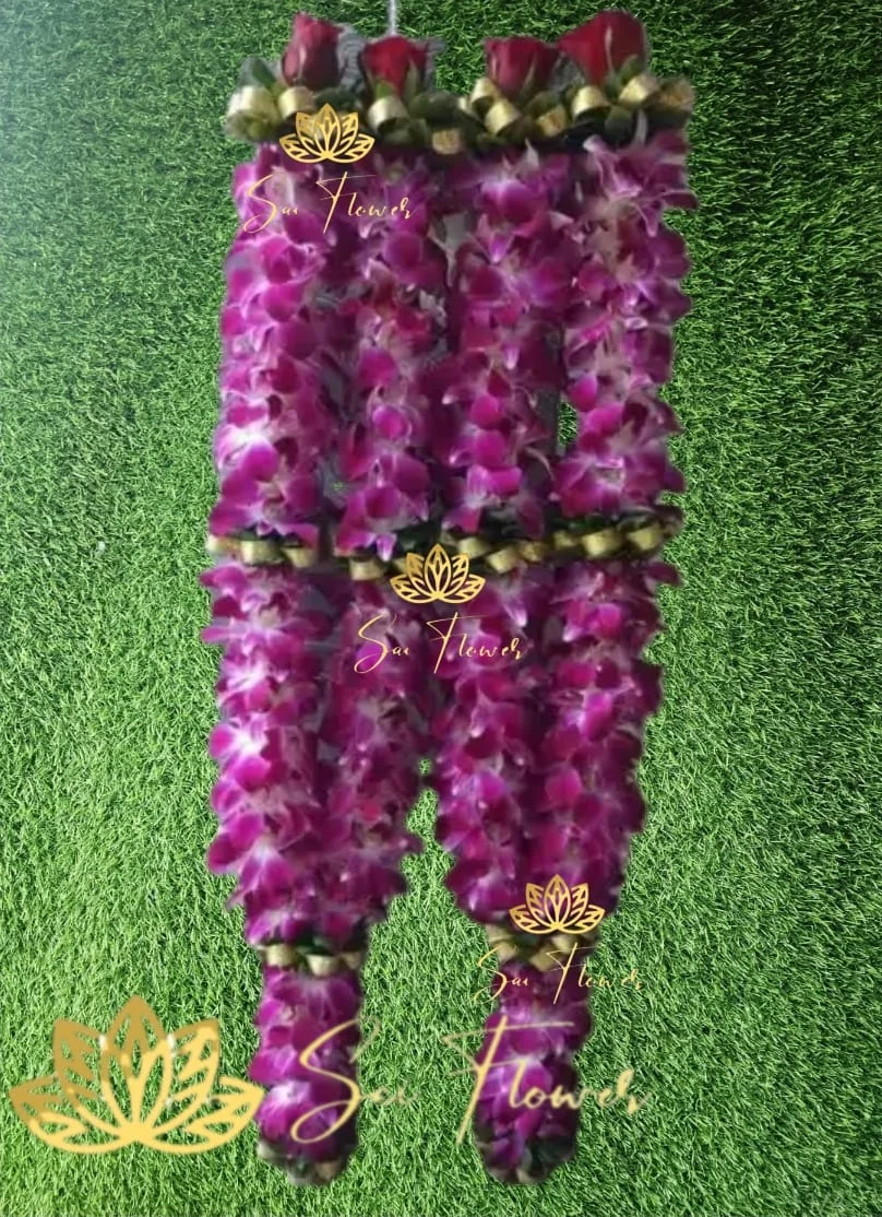 Premium Magenta Purple Orchid Varmala with Red Rose Accents | Fresh Wedding Jaimala