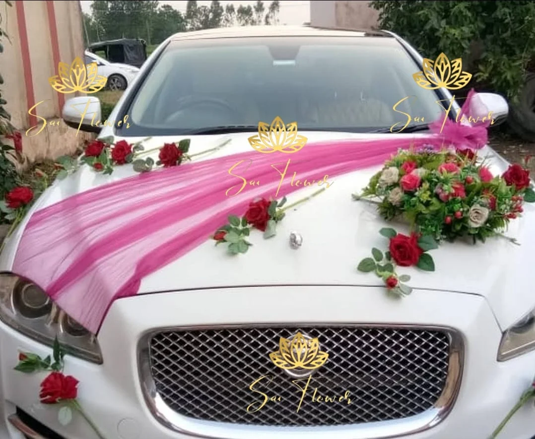 Sai Flower Luxury White Jaguar Wedding Car Decoration with Pink Netting & Fresh Red