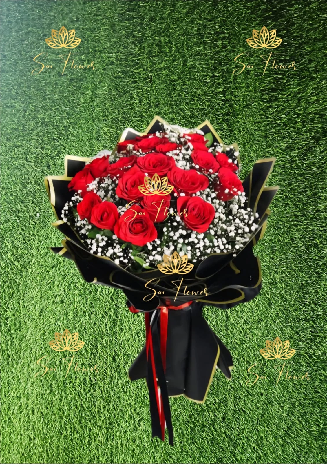 Premium Red Rose Bouquet with Baby’s Breath in Luxury Black Wrap | Romantic Flowers Delhi