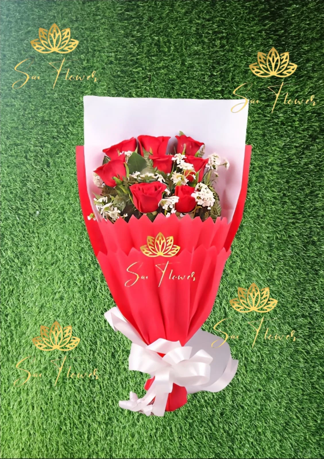 Premium Red Rose Bouquet with White Fillers – Elegant Romantic Flower Gift for Valentine & Anniversary