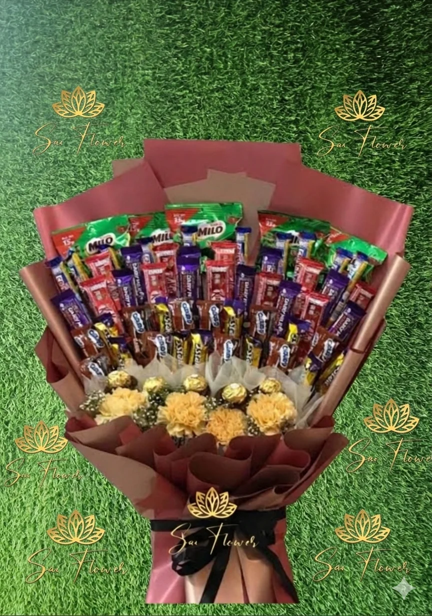 Premium Chocolate & Milo Flower Bouquet – Luxury Chocolate Gift Arrangement with Fresh Yellow Carnations