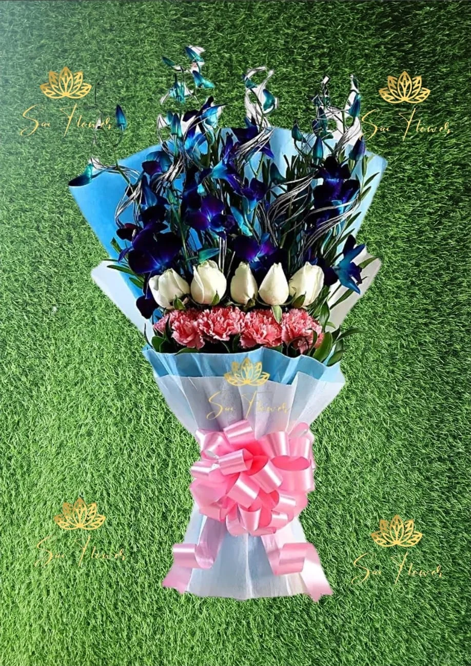 Luxury Blue Orchid, White Rose & Pink Carnation Bouquet – Premium Exotic Mixed Flower Arrangement