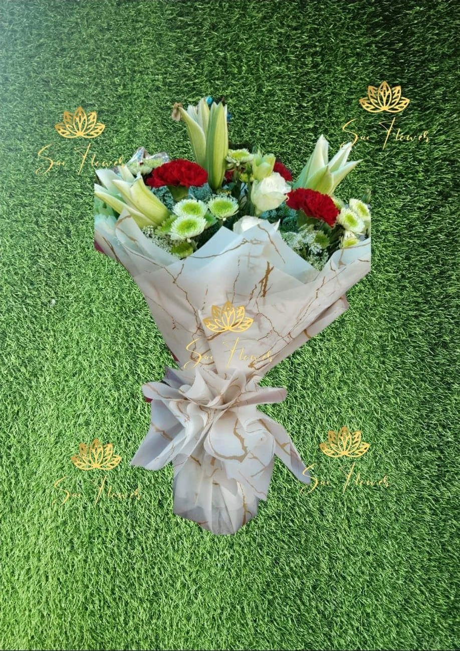 Premium White Lily & Red Carnation Bouquet – Elegant Mixed Flower Arrangement