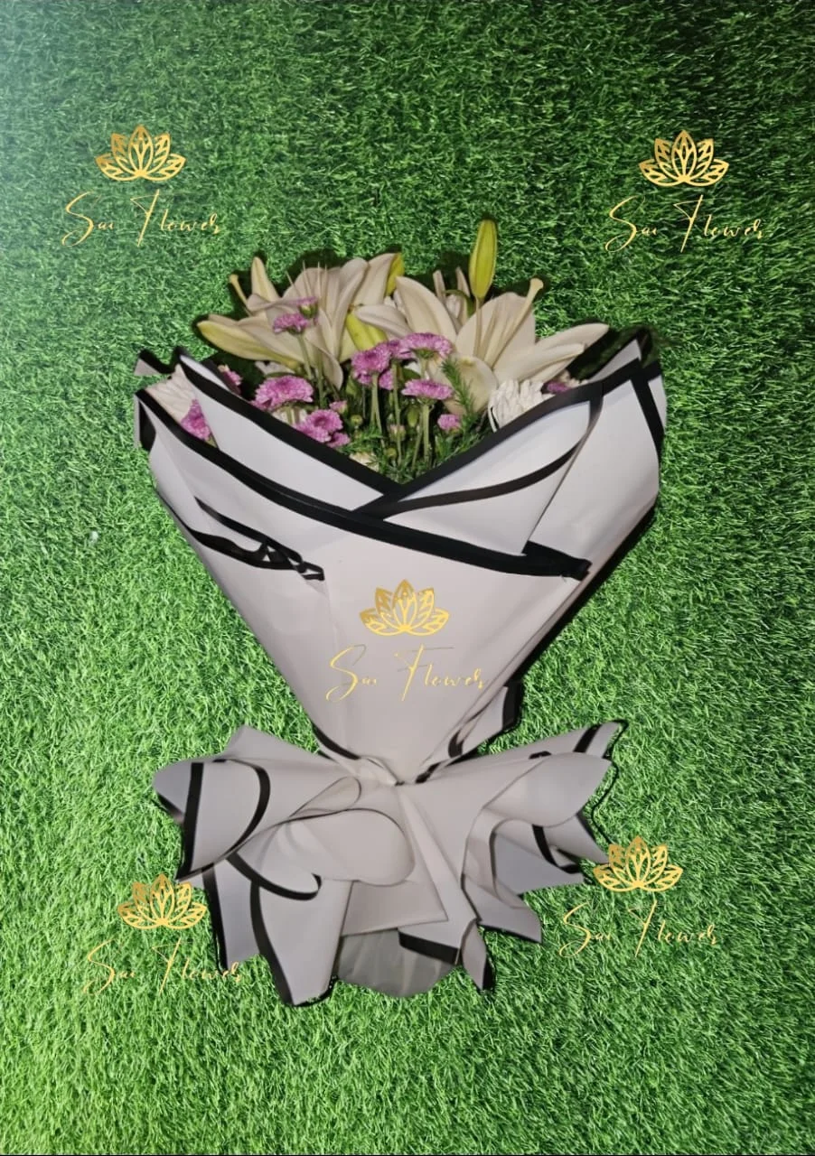 Luxury White Lily & Purple Chrysanthemum Bouquet – Premium Elegant Flower Arrangement