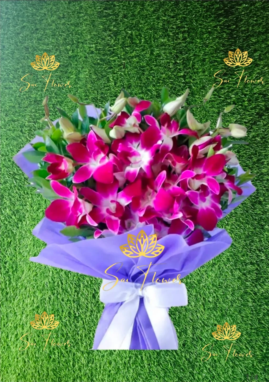 Royal Purple Orchid Bouquet with White Ribbon