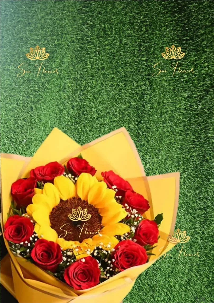 Golden Sunflower & Red Rose Charm Bouquet