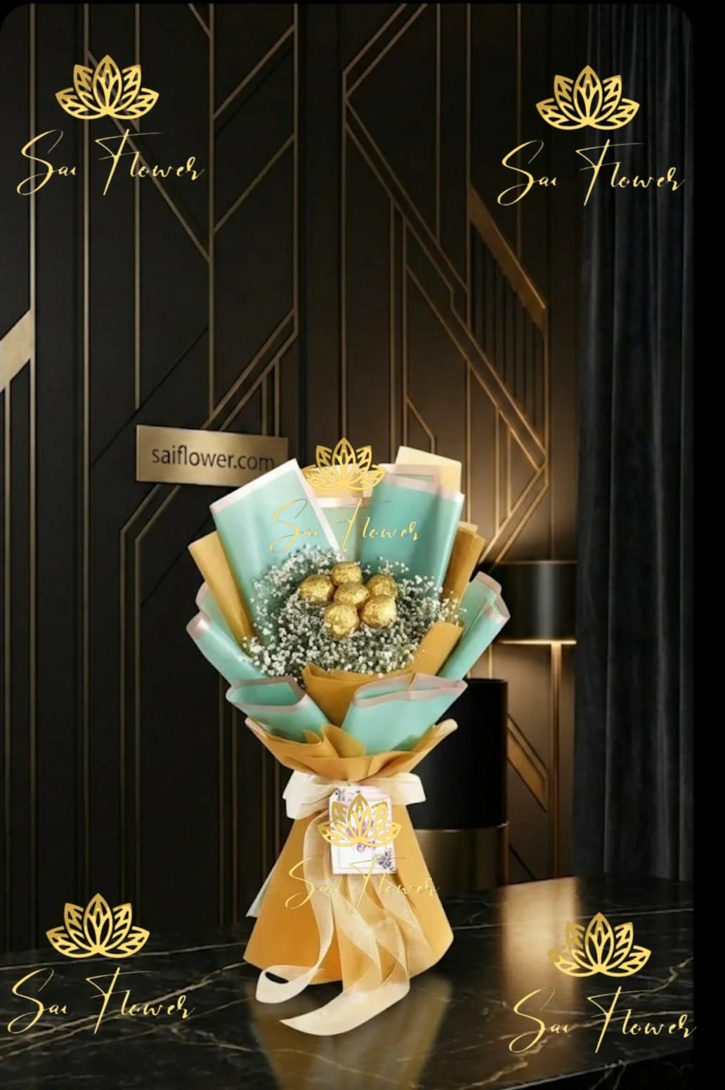 Golden Mint Delight Chocolate & Baby's Breath Bouquet - Premium Delhi Florist Gift