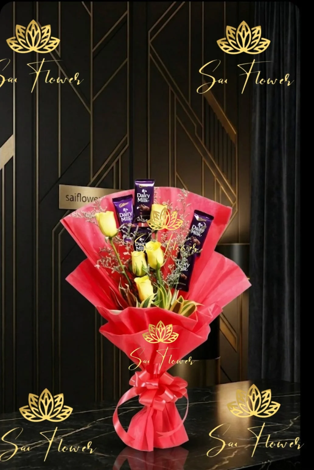 Golden Joy: Fresh Yellow Rose and Dairy Milk Chocolate Indulgence Bouquet | Best Florist in Delhi