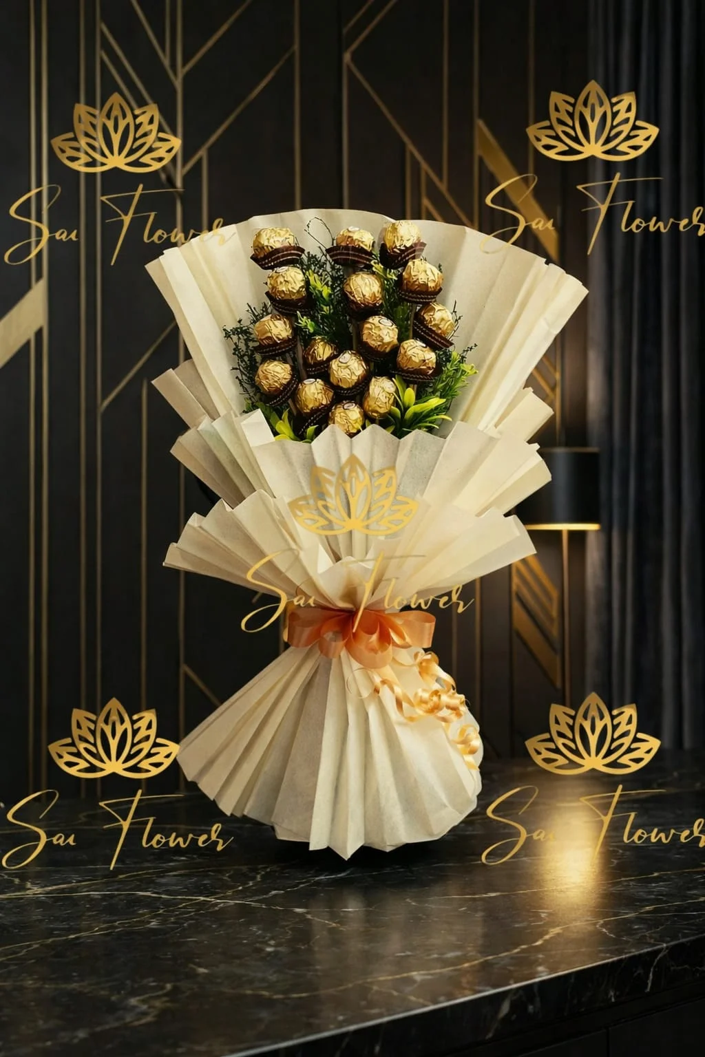 Pure Gold Rocher Indulgence - Luxury Ferrero Rocher Flower Bouquet | SaiFlower Delhi