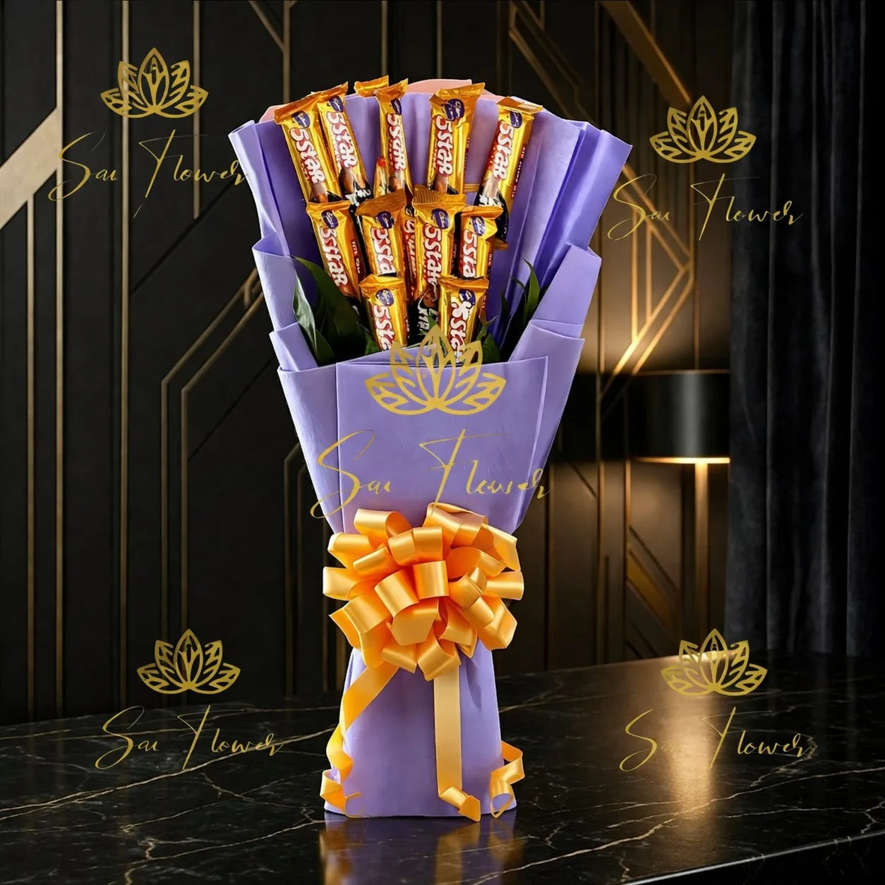 5-Star Golden Splendor: Premium Chocolate Bouquet with Lavender Wrap (Delhi NCR Delivery)