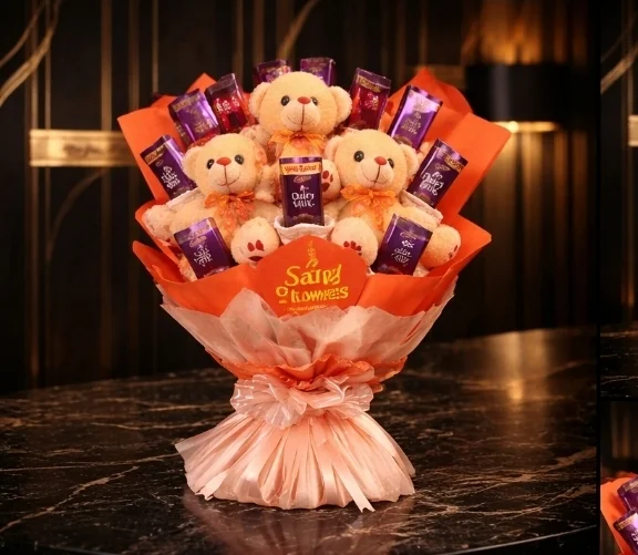 Delhi's Deluxe Cadbury Chocolate & Trio Teddy Bear Sweetest Surprise Bouquet