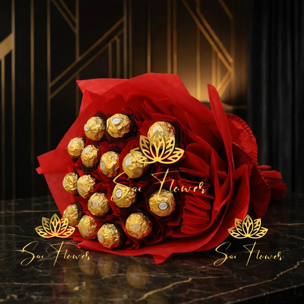 Golden Luxe Ferrero Rocher Chocolate Bouquet with Velvety Red Rose wrapping - SaiFlower Premium Delhi Gifting