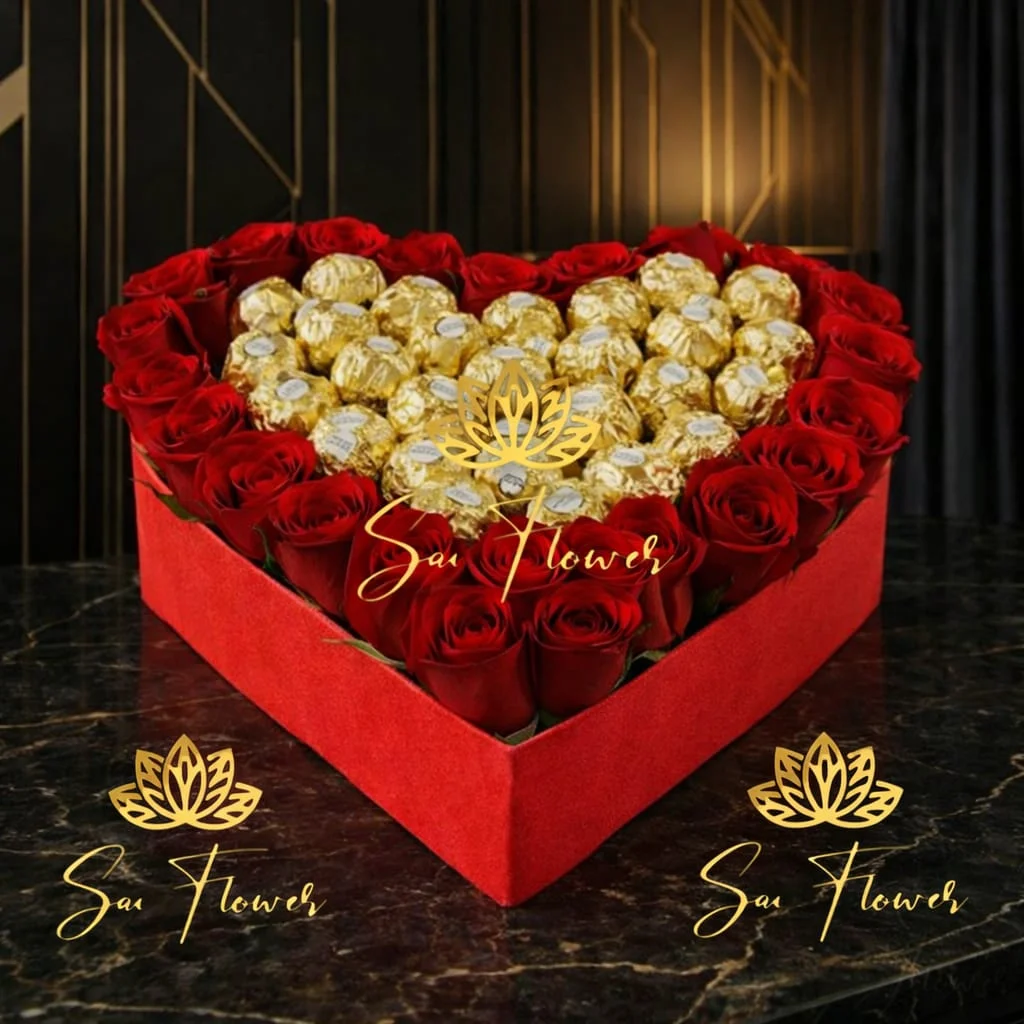 "Midnight Romance: Premium Red Rose & Gold Hazelnut Chocolate Heart Box - Delhi Florist Exclusive"