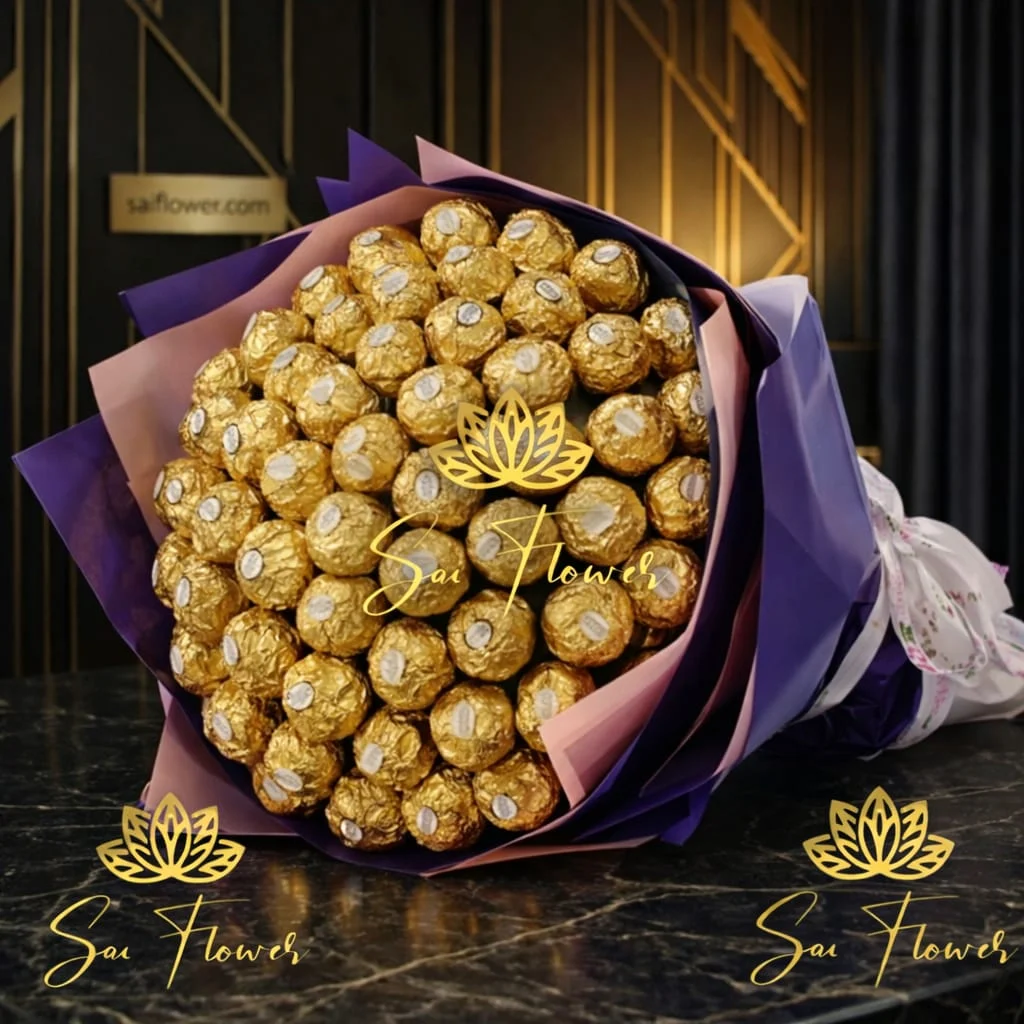 Grand Golden Indulgence: A Luxury Ferrero Rocher Chocolate Bouquet in Royal Wrapper - Delhi Florist Exclusive