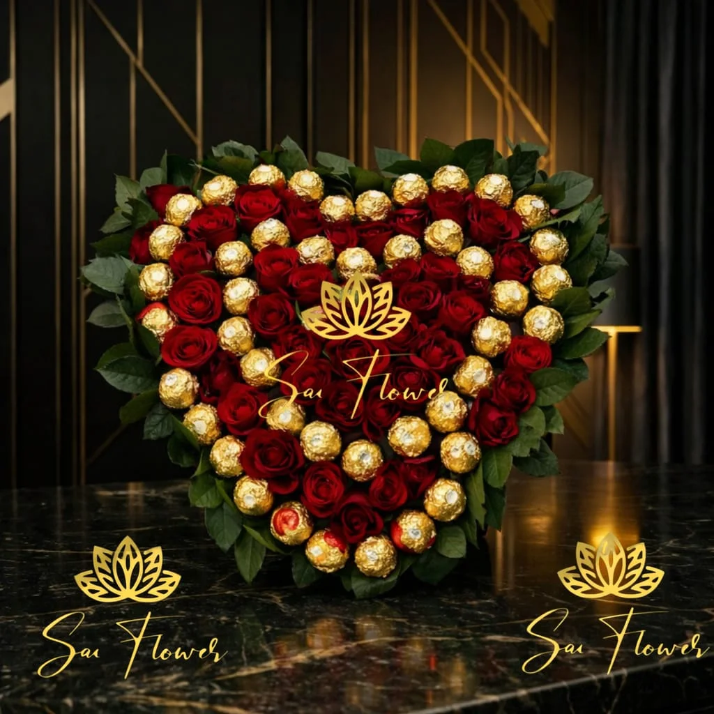 Infinite Heart of Roses & Golden Rocher: Premium Flower Bouquet Delhi