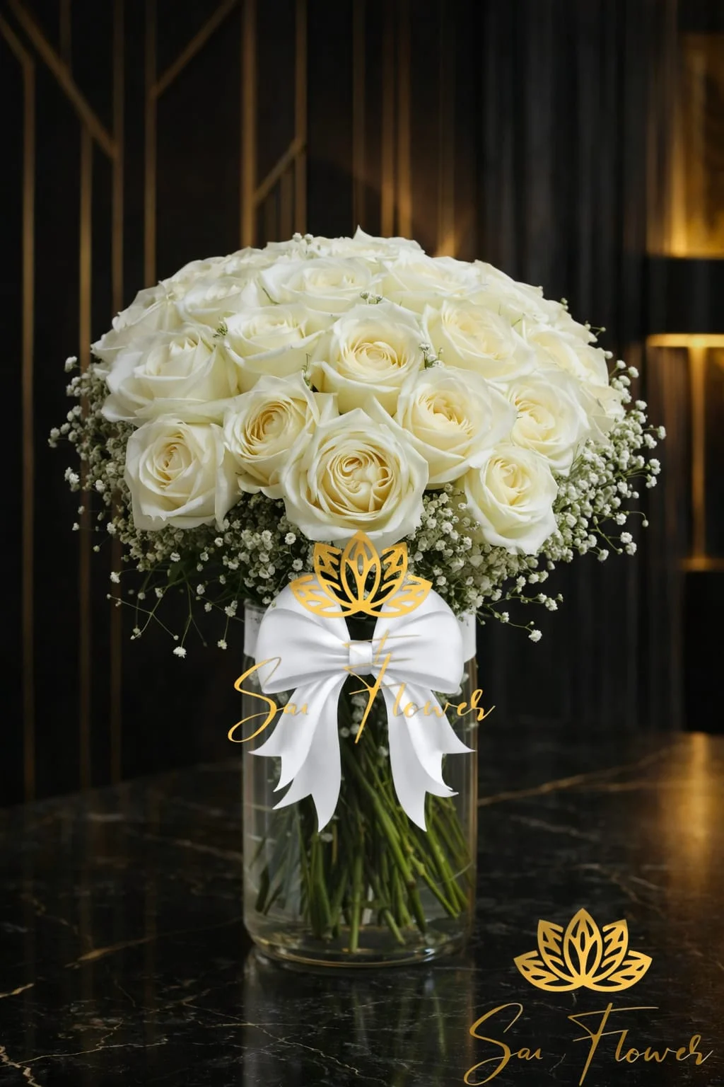 Majestic Ivory Love: Premium White Rose & Gypsophila Vase Arrangement for Delhi