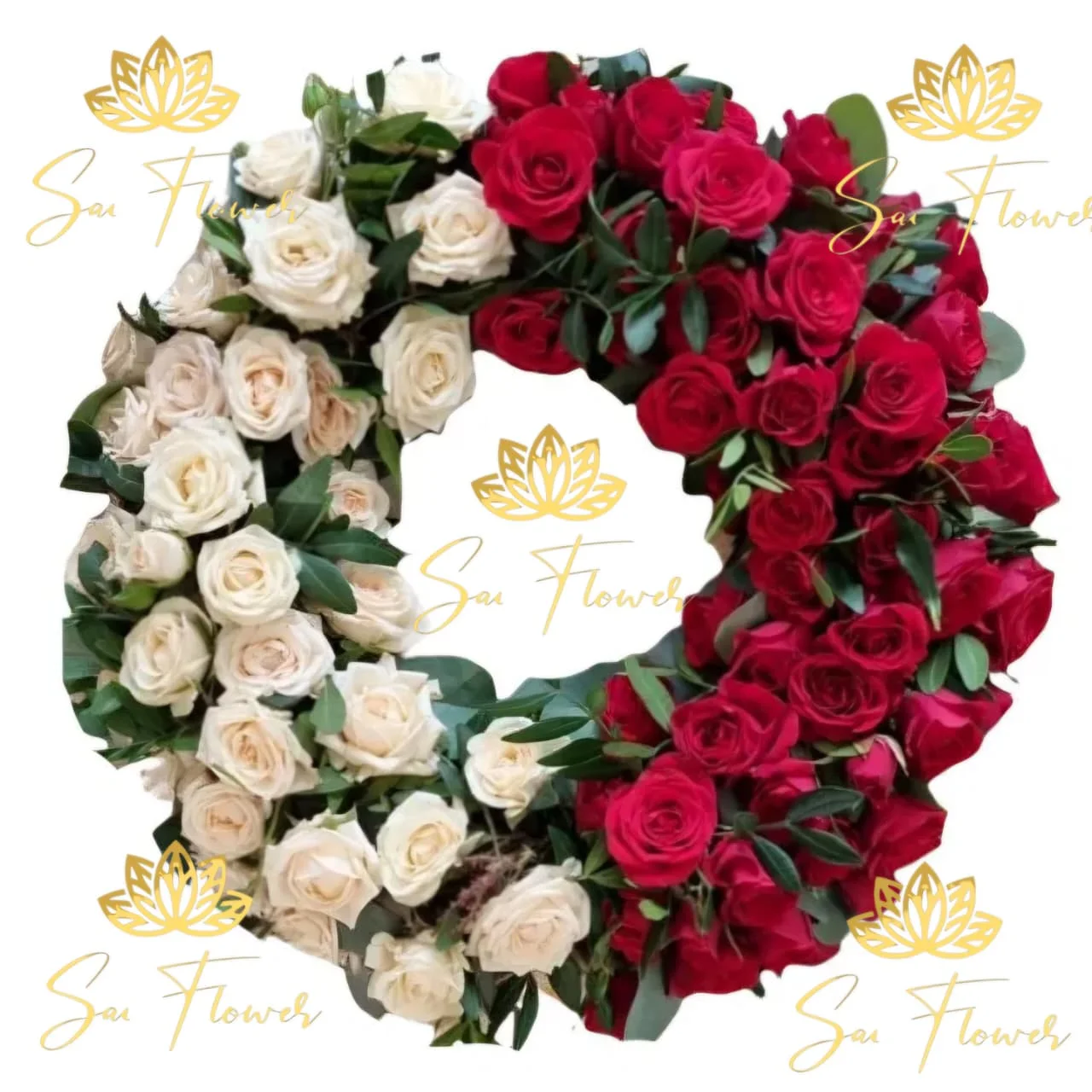 Passion & Purity: The Ultimate Red and White Rose Duality Wreath - Luxury Florist Delhi