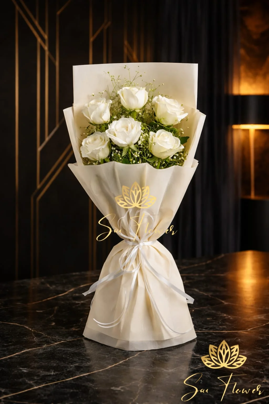 Pure White Elegance: Premium 6 White Rose Bouquet with Gypsophila – Luxury Delhi Florist Creation