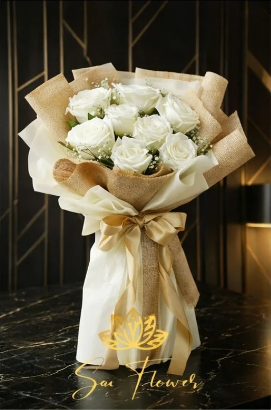 The 'Ivory Embrace' – Luxe White Rose & Jute Bouquet | Same Day Delivery Delhi