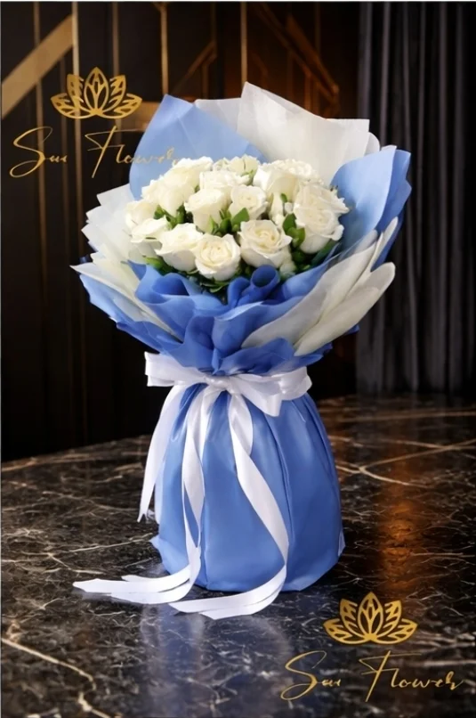 Oceanic Elegance: White Rose & Blue Luxury Bouquet - Delhi Florist Exclusive