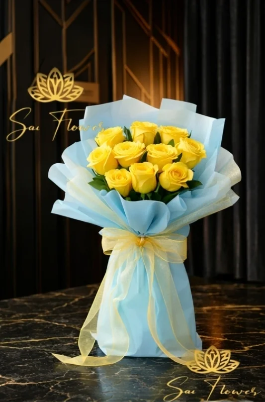 The Golden Grace – Premium Yellow Rose Bouquet with Blue Wrapping | Same-Day Delhi Delivery | Sai Flower
