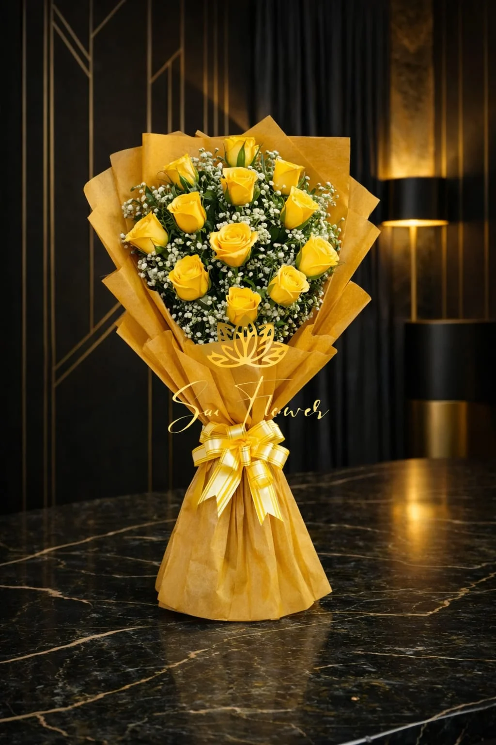 Pure Golden Radiance - Premium Yellow Roses & Baby’s Breath Bouquet (Delhi Florist)