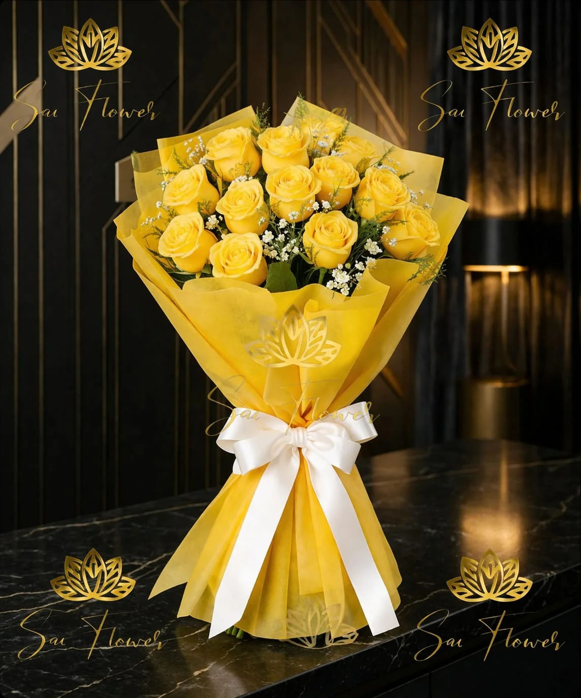 Sunlight Splendor - Elegant Yellow Rose & Baby's Breath Bouquet from Delhi's Best Florist