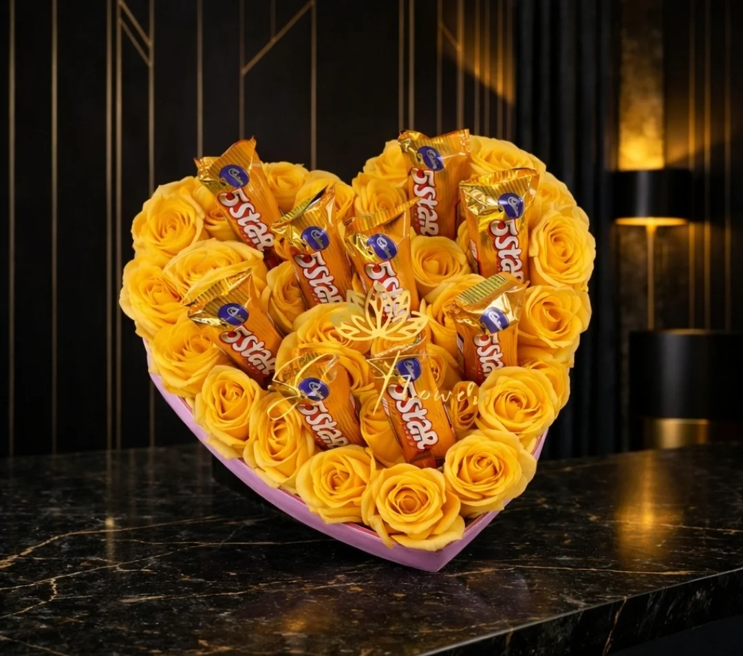 Golden Heartburst: Yellow Roses & 5 Star Chocolate Heart Box - Delhi Delivery