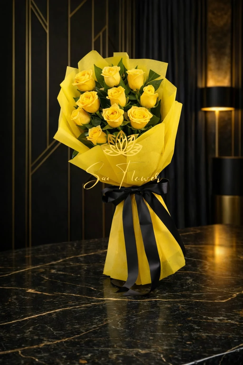 Golden Sunshine - 10 Premium Yellow Roses Luxury Bouquet (SaiFlower Delhi)