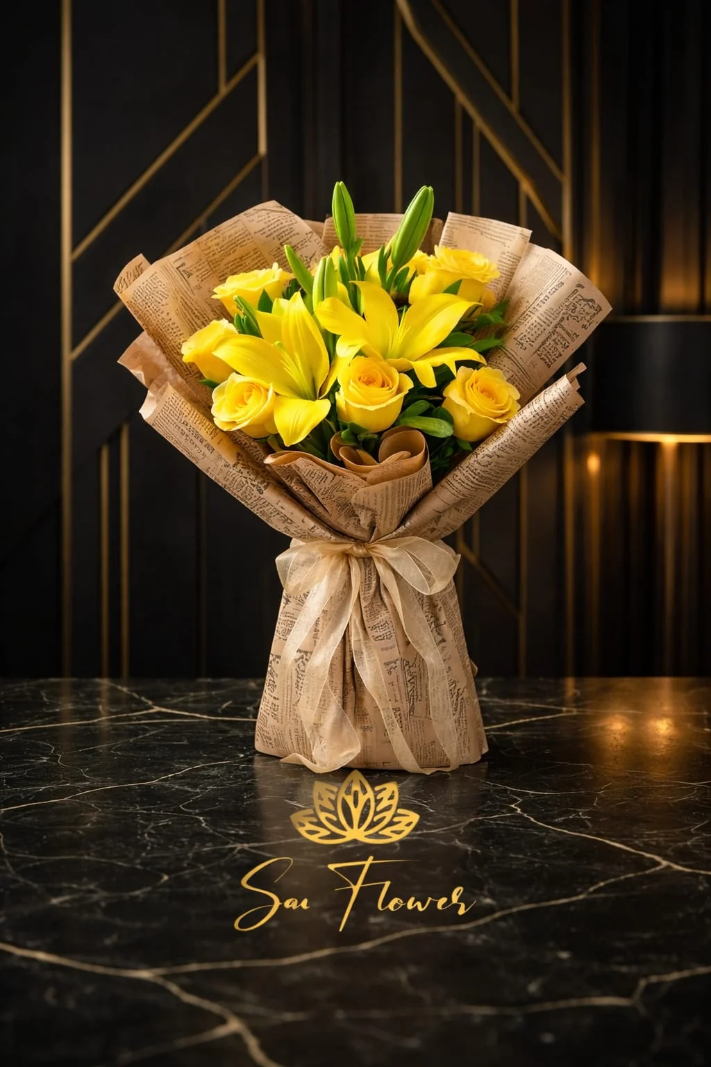 Majestic Golden Yellow Rose & Lily Delight - Premium Delhi Bouquet