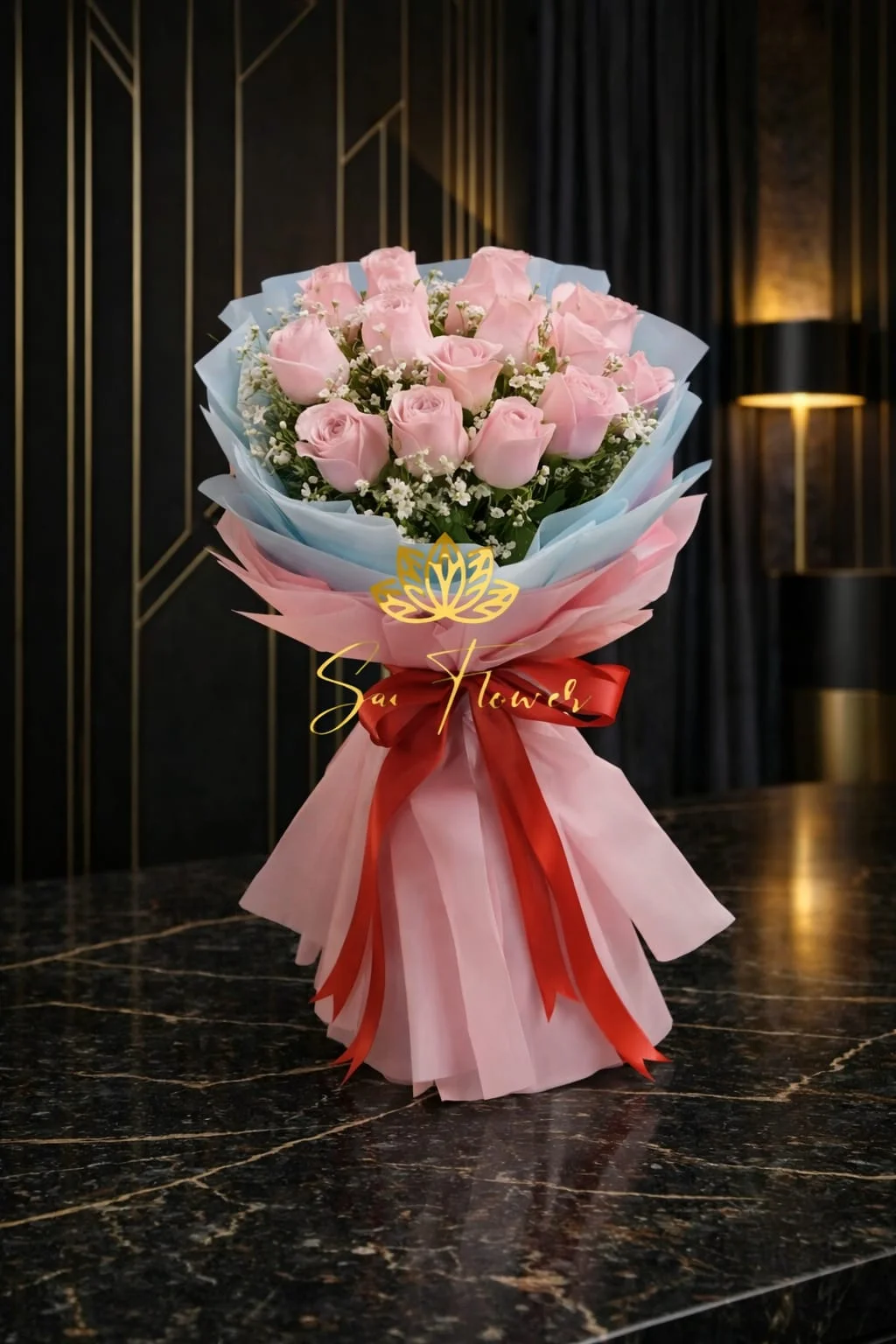 The Blush Romance: Premium Pink Rose & Baby's Breath Bouquet for New Delhi