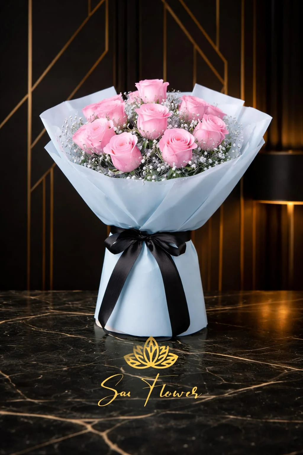 Elegant Blush Romance: Premium Pink Rose & Baby's Breath Bouquet in Delhi