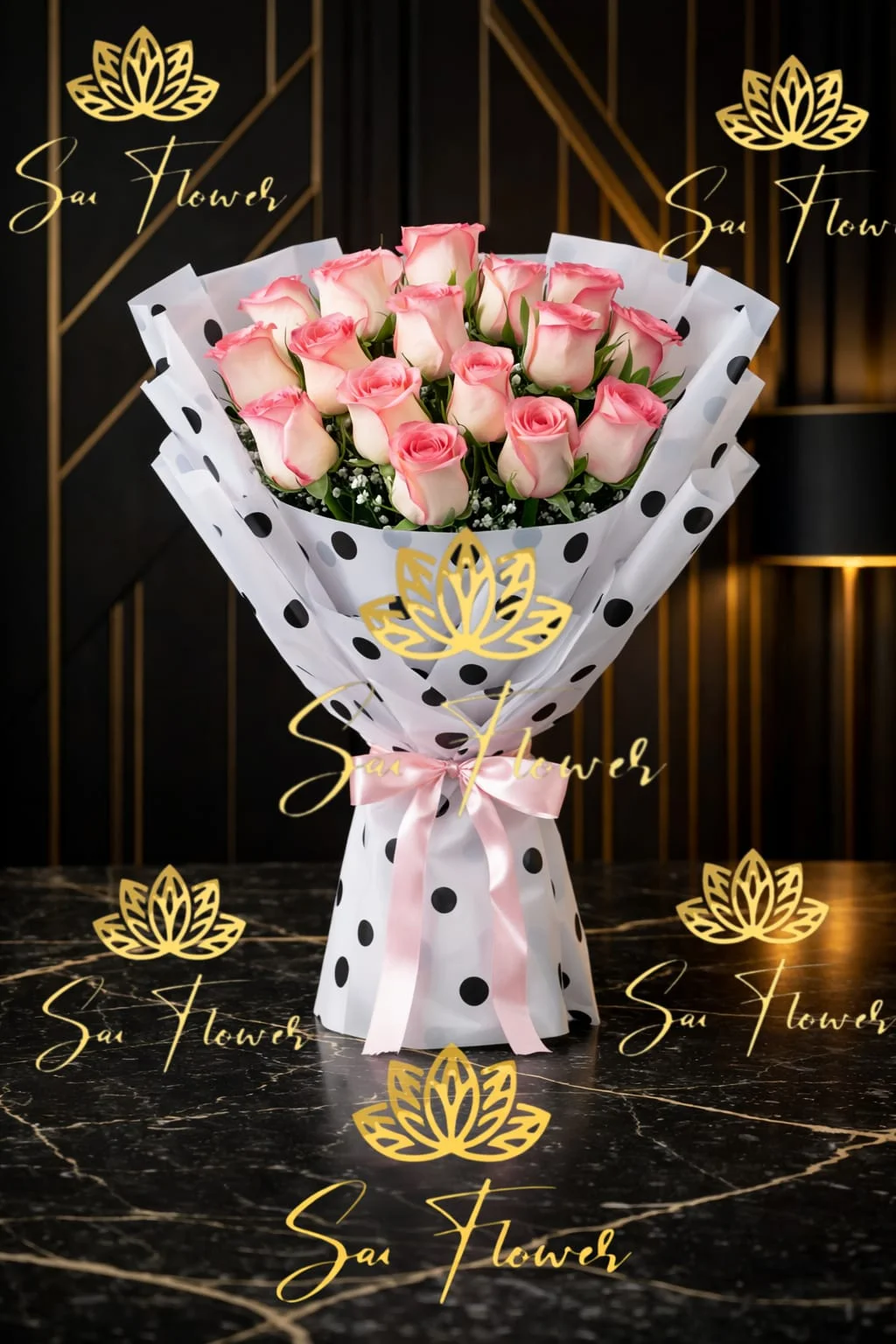 Sai Flower Divine Blush: 20 Pink Roses Polka-Dot Bouquet - Online Florist Delhi