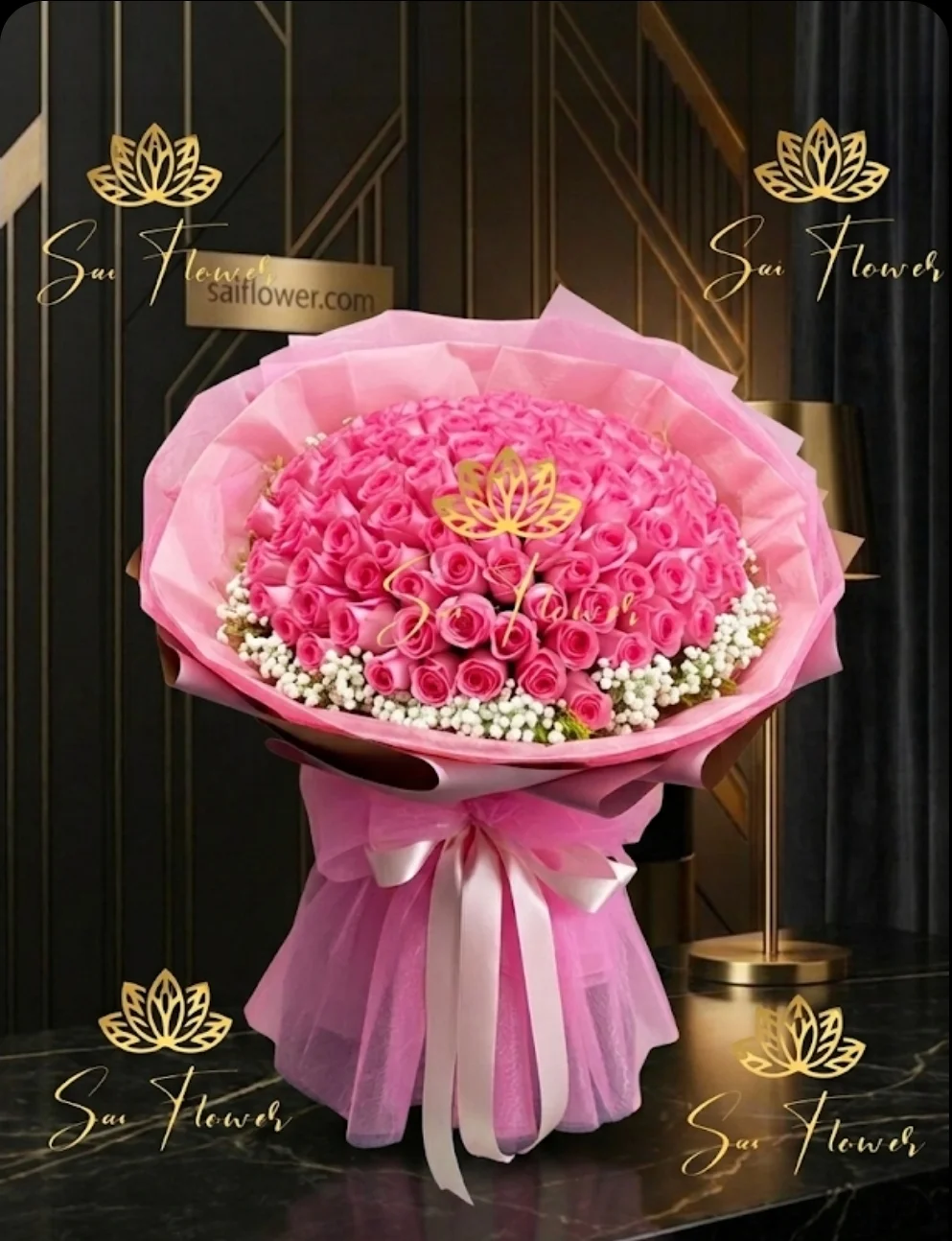 Deep Pink Grandeur: Meticulous Hot Pink Rose Dome Bouquet & Gypsophila from SaiFlower Delhi