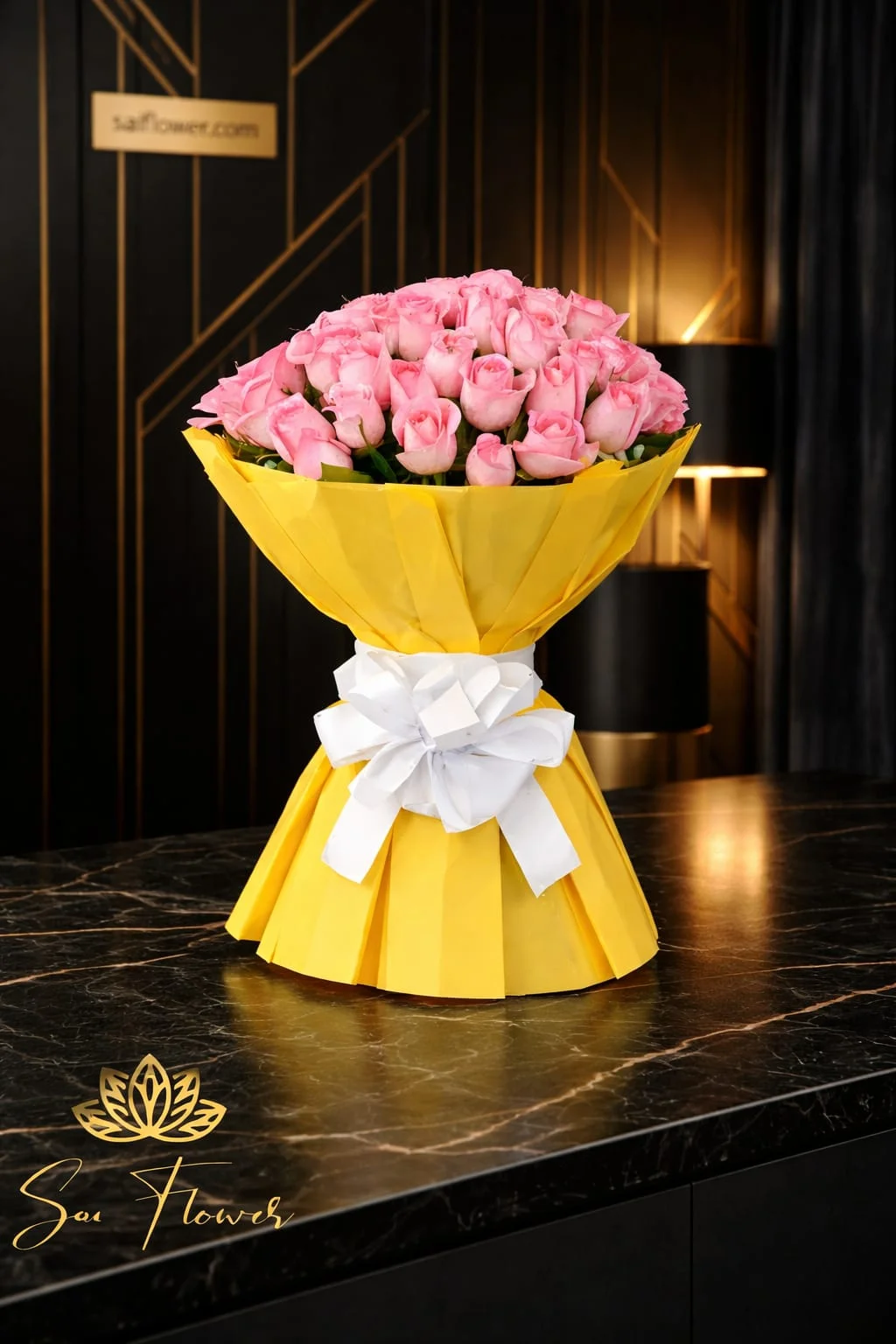 SaiFlower’s Blushing Pink Premium Rose Symphony Bouquet with Luxury Yellow Pleated Wrap | Flower Delivery Delhi