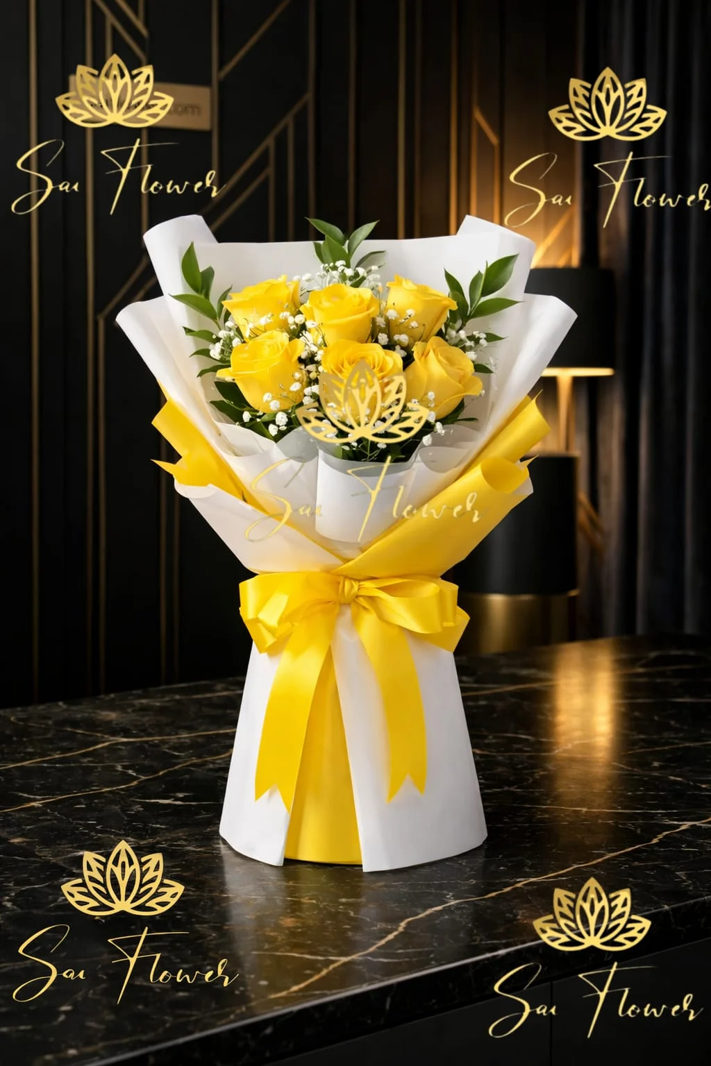 The Golden Embrace - Deluxe Yellow Rose & Gyp Bouquet | Luxury Delhi Florist