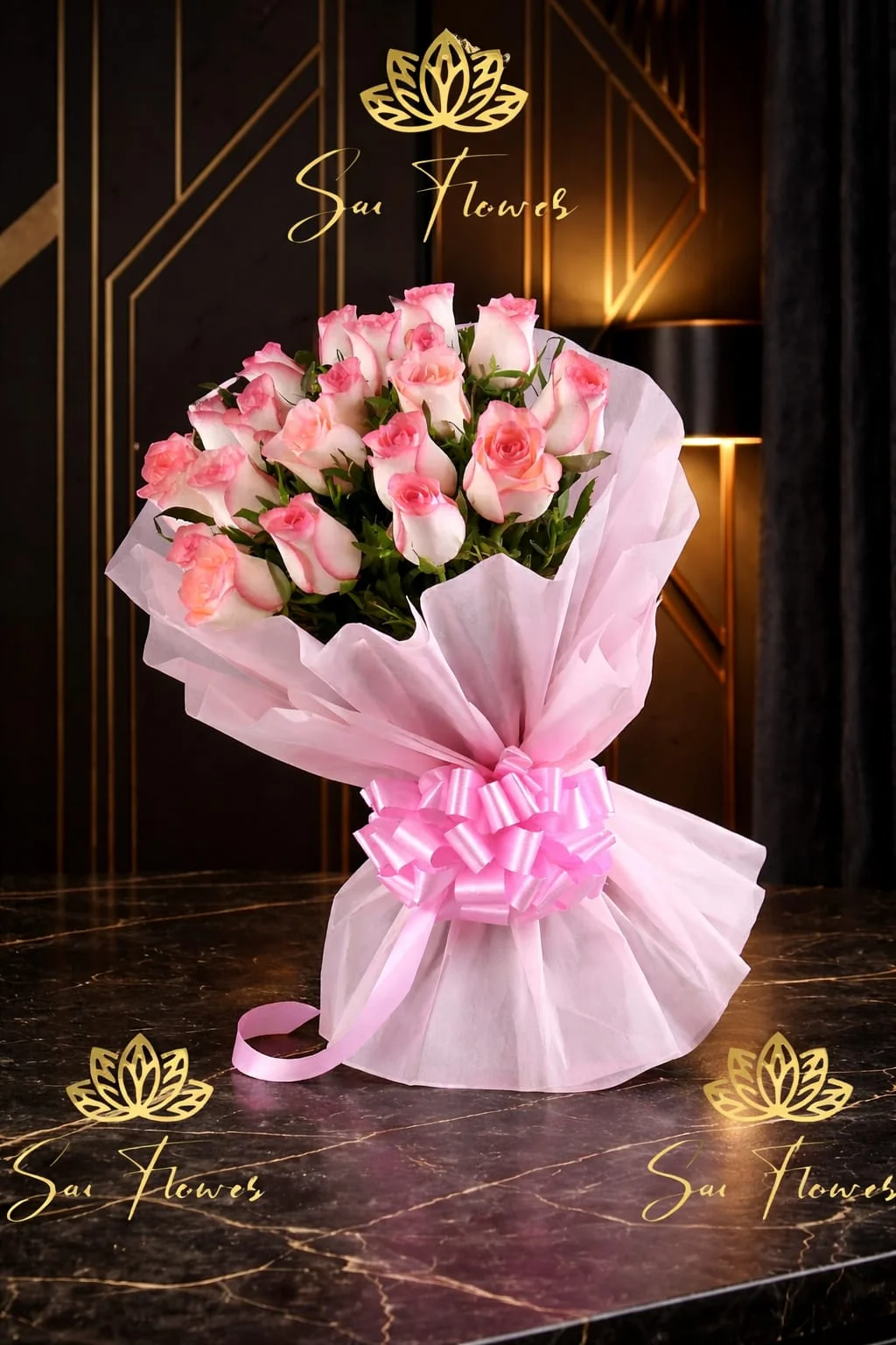 Blushing Devotion: Premium Pink & White Bicolour Rose Bouquet | Express Delhi Florist Delivery
