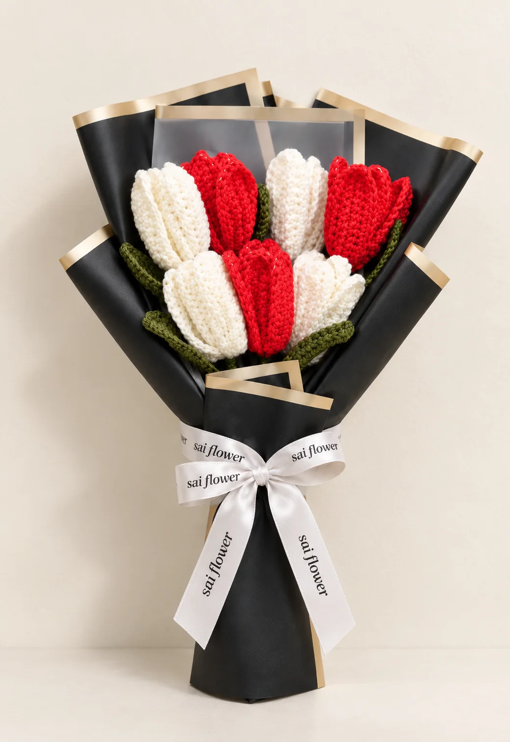 Premium Red & White Crochet Tulip Luxury Bouquet