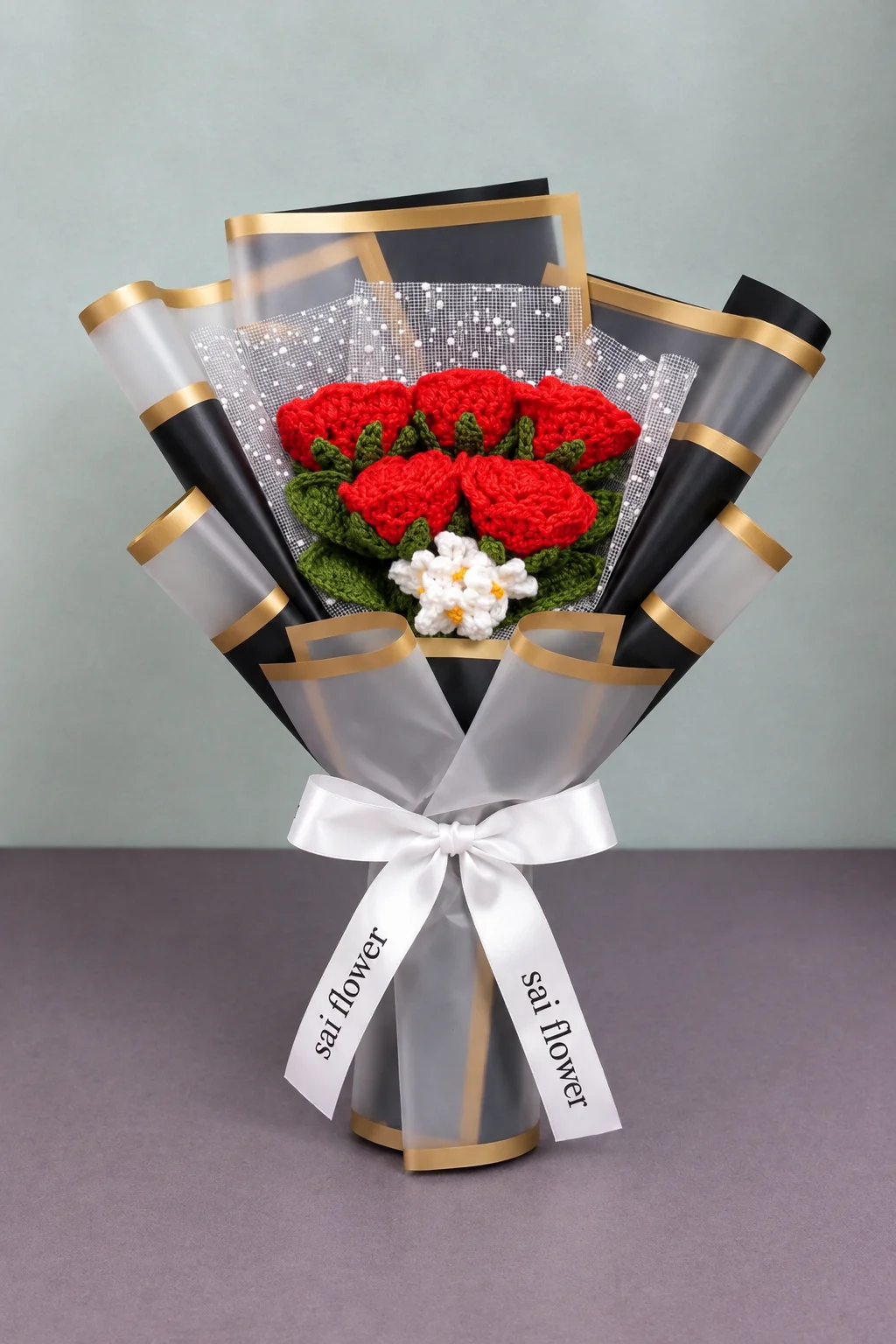 Handmade Crochet Red Rose Bouquet