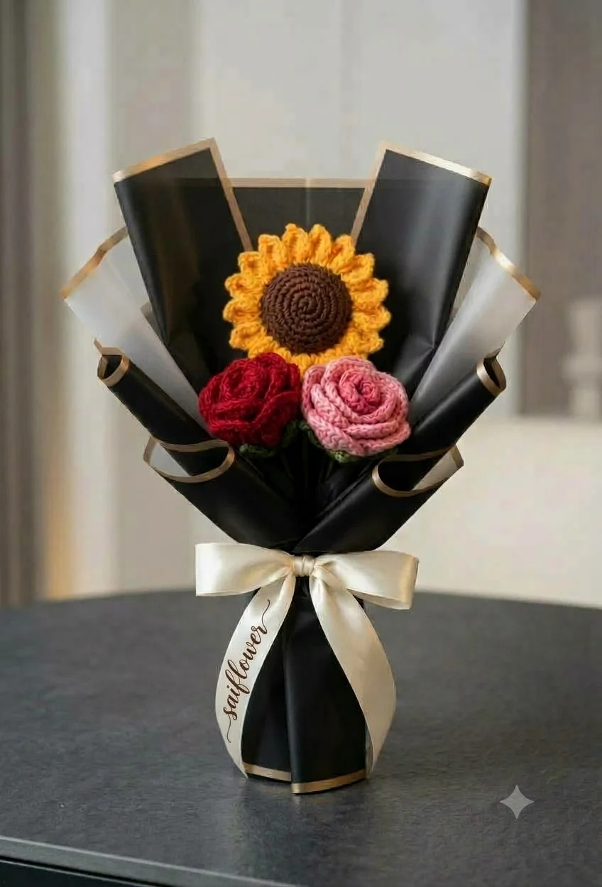 Premium Handcrafted Crochet Sunflower & Rose Luxury Bouquet