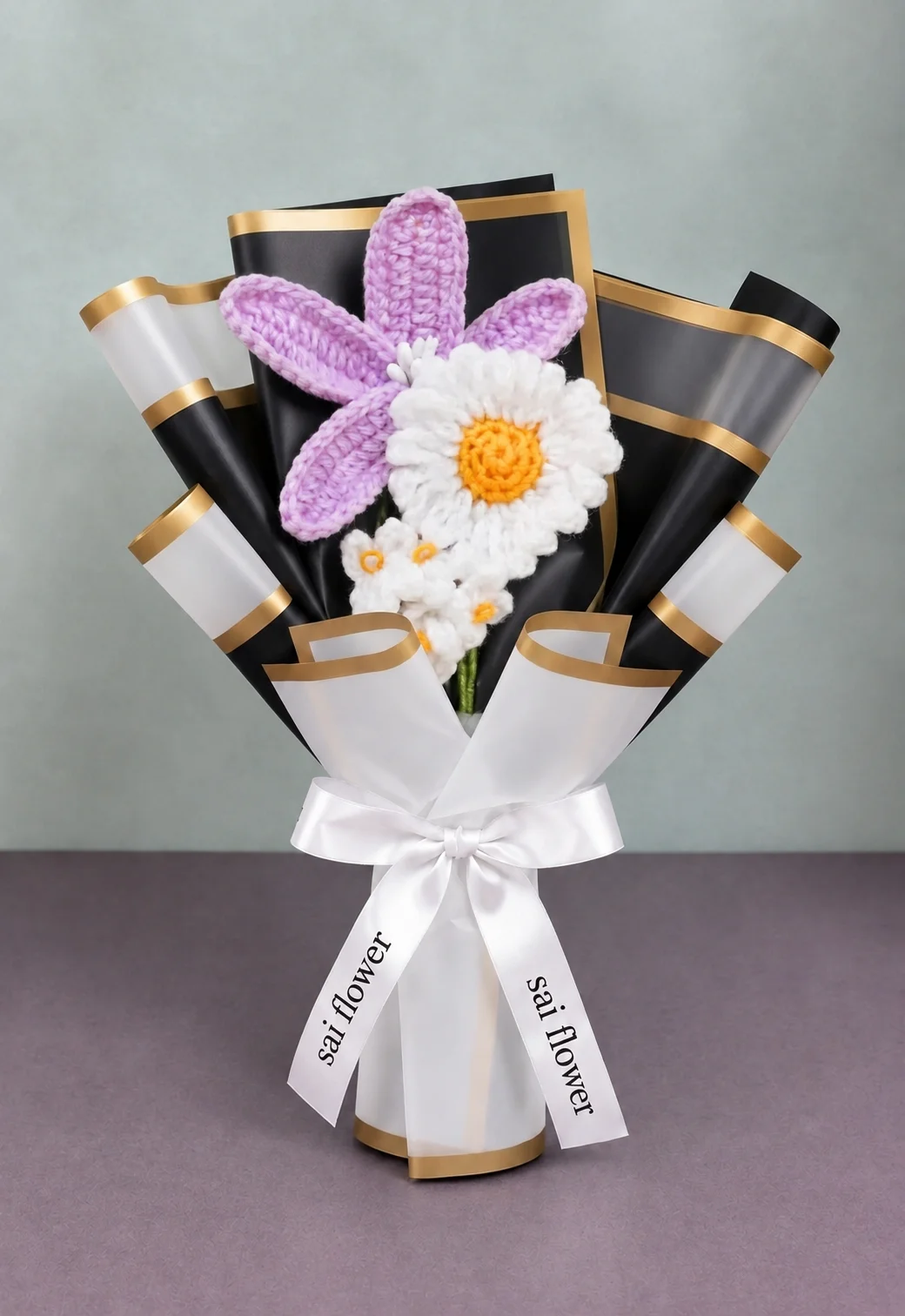 Elegant Handcrafted Crochet Daisy & Purple Floral Bouquet