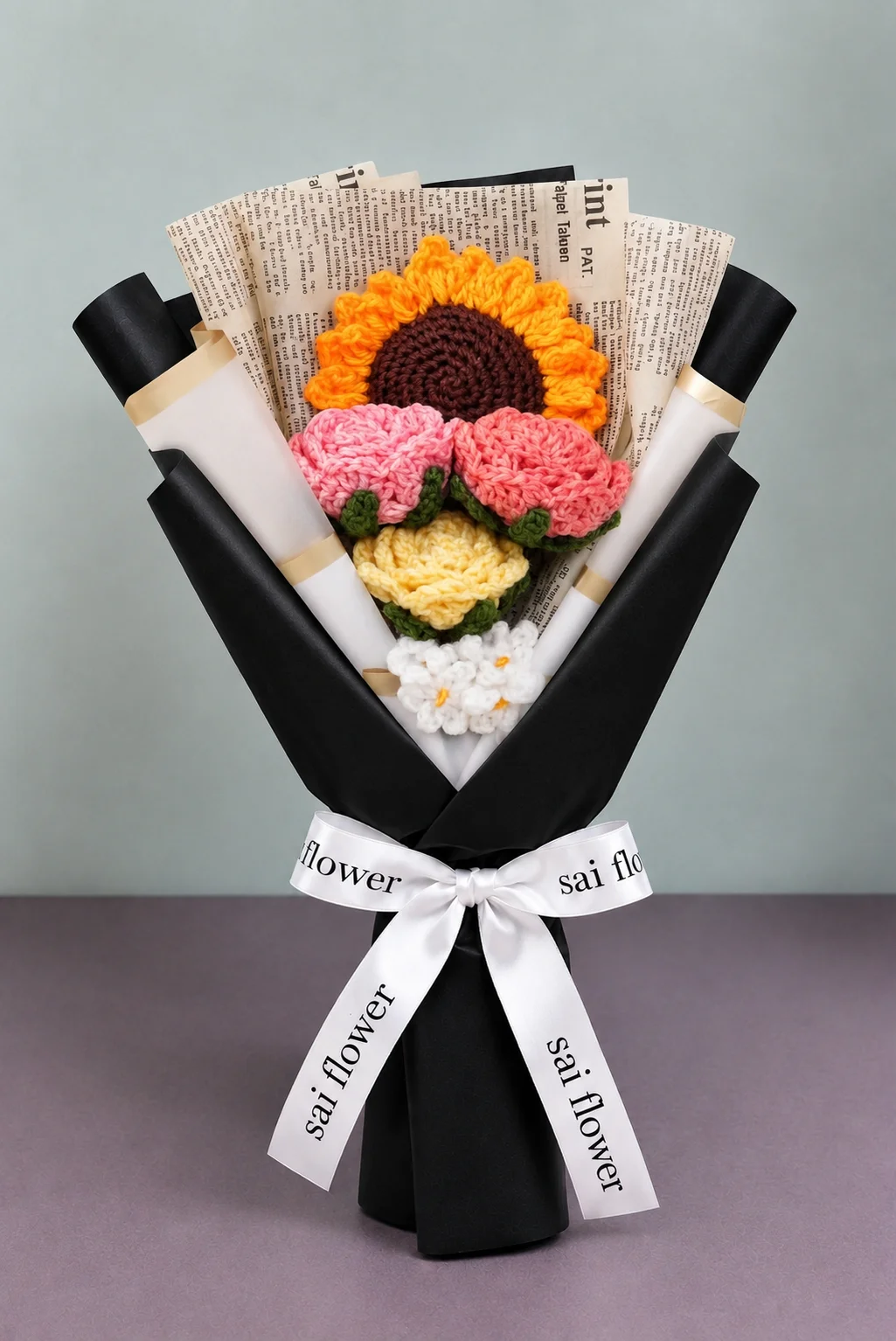 Handcrafted Crochet Sunflower & Mixed Rose Bouquet