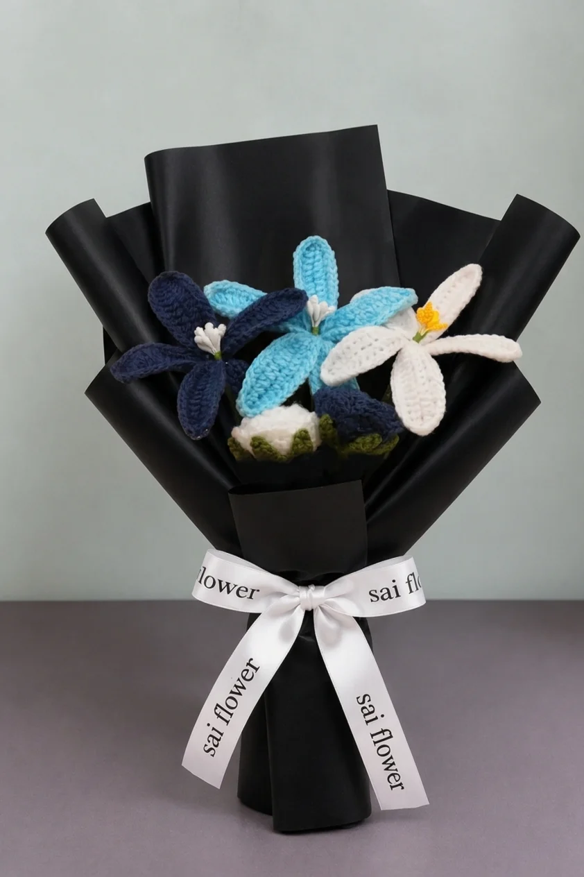 Everlasting Blue & White Handcrafted Crochet Bouquet