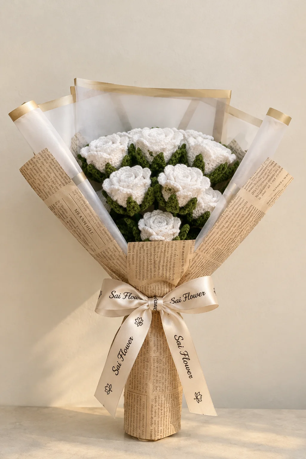 Everlasting White Handcrafted Crochet Rose Bouquet