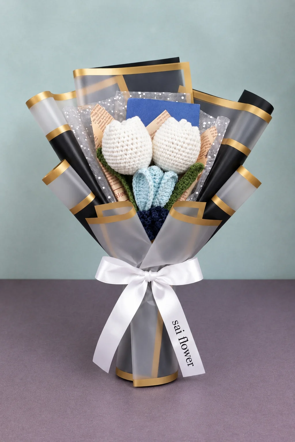 Handcrafted Crochet Tulip & Bud Bouquet with Gold-Trimmed Wrap