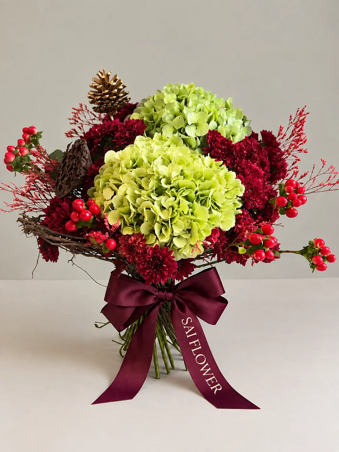 Premium Emerald Hydrangea & Crimson Chrysanthemum Luxury Bouquet