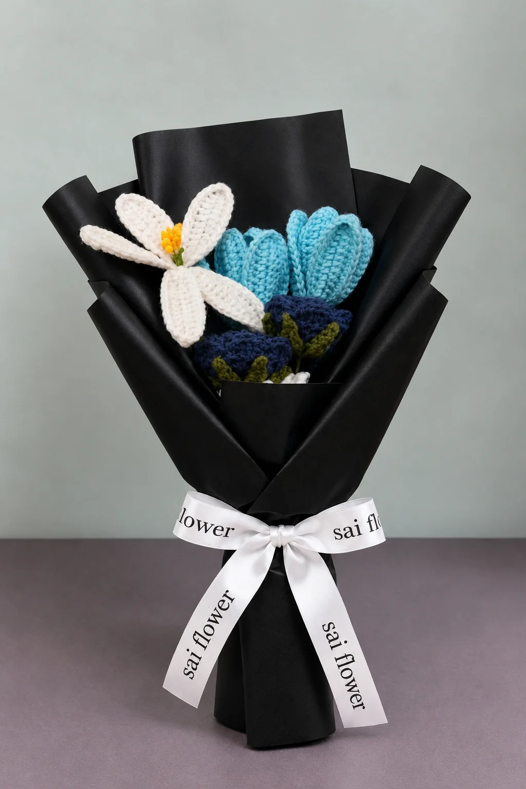 Elegant Blue & White Handcrafted Crochet Bouquet