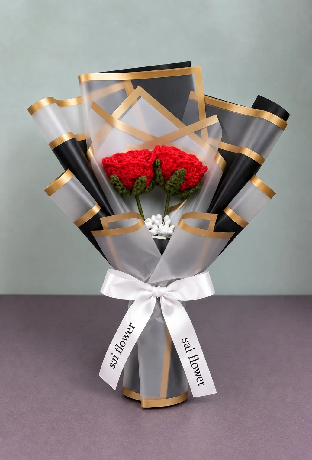 Elegant Red Crochet Rose Bouquet with Gold Wrapping