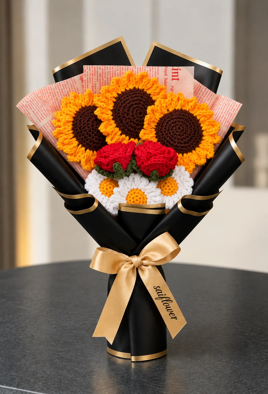 Luxury Crochet Sunflower & Rose Bouquet